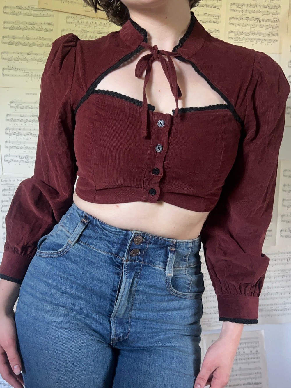 Burgundy Cropped Lace-Trim Button Top